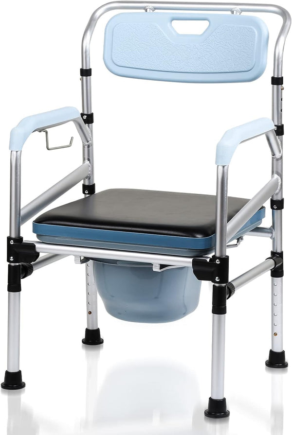 Vkechh Height-adjustable toilet chair, anti-slip toilet chair with padded seat and toilet bucket, armrest and backrest, foldable portable toilet bucket, shower stool up to 160 kg