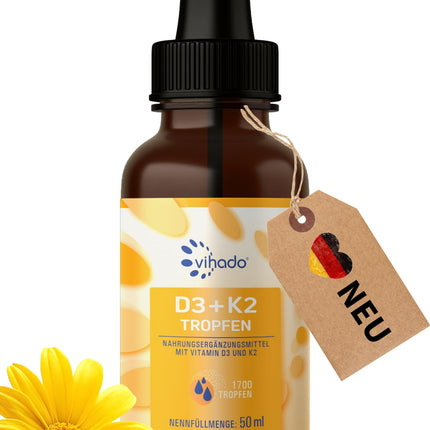 Vihado Vitamin D3 K2 Drops High Dose for Adults, XXL Pack with 1000 IU Vitamin D3, Premium Purity without Additives, 50 ml (1,700 Drops)