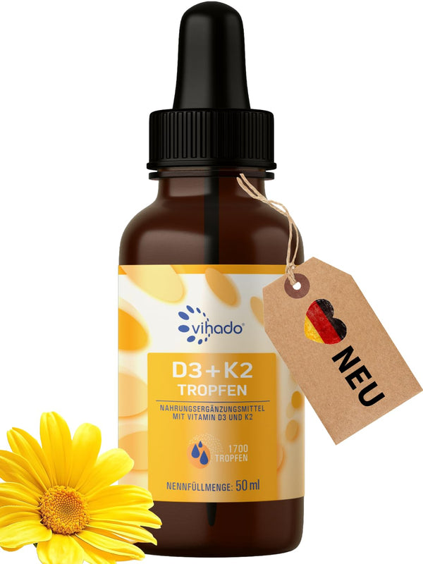 Vihado Vitamin D3 K2 Drops High Dose for Adults, XXL Pack with 1000 IU Vitamin D3, Premium Purity without Additives, 50 ml (1,700 Drops)