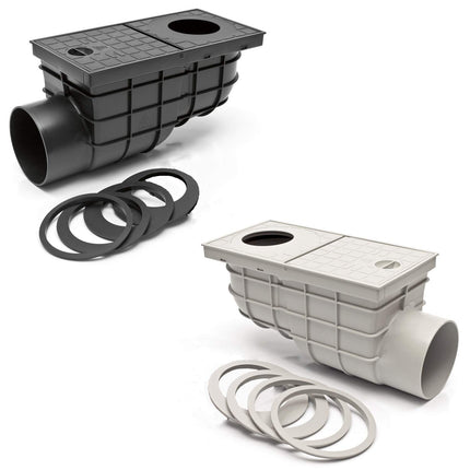 Horizontal rain gully grey with grid Ø 110 mm - 171 mm installation depth backflow flap backflow seal odor flap downpipe drain gutter drain sieve