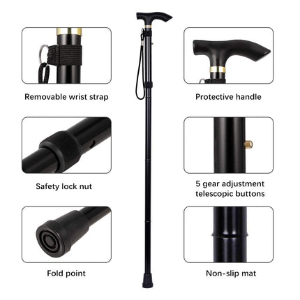Girls'Love Talk Unisex Foldable Walking Stick Folding Alpenstock Lightweight Canes Height Adjustable Walking Sticks, Hand Strap Stick Hiking, Walking Stick (Black)