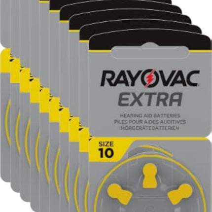 Rayovac Extra Advanced Zinc Air Hearing Aid Batteries, 10-pack, with 60 batteries, Suitable for hearing aids and hearing amplifiers, Yellow