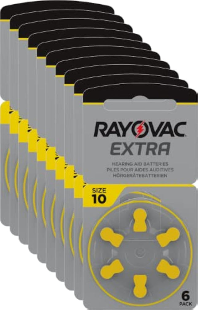 Rayovac Extra Advanced Zinc Air Hearing Aid Batteries, 10-pack, with 60 batteries, Suitable for hearing aids and hearing amplifiers, Yellow