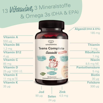 wowtamins Teens Complete sugar-free - Vitamins for teenagers (30-day supply) - Multivitamin Gummies with Omega 3 - Dietary supplement for the immune system with vitamins C, D3, B12, zinc &amp; more