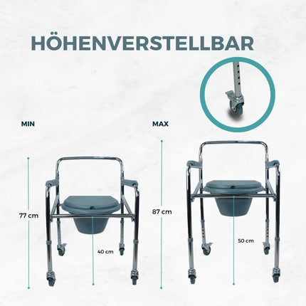 Mobiclinic®, Commode chair with wheels, Muelle, European brand, For the elderly and disabled, Non-slip, Lid, Padded armrests, Chrome steel, Height adjustable, Bucket easy to pull out