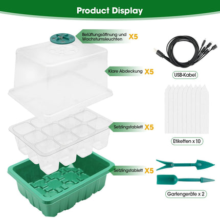 MQHUAYU Grow Box with Full Spectrum Light, 5 Pack / 60 Cells Intelligent Timer Indoor Greenhouse Grow Box with Humidity Dome, Seed Trays for Plant Cultivation