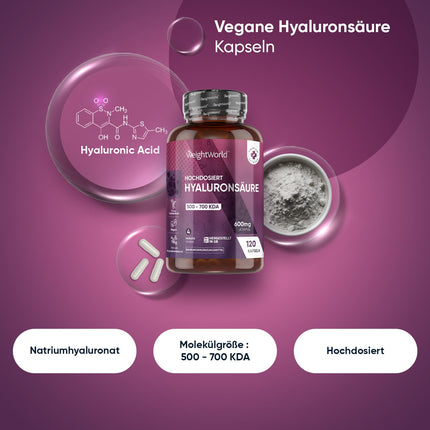 Hyaluronic Acid Capsules - 600mg per Capsule - 120 Vegan Hyaluronic Capsules - 4 Month Supply - Molecule Size (500-700 KDA) - Hyaluronic Acid - Serum Alternative - WeightWorld