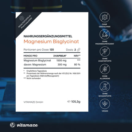 Magnesium bisglycinate capsules, high-dose, 1500 mg in just 2 capsules, including 300 mg elemental magnesium per daily dose, 120 vegan capsules for 2 months, no additives, Made in Germany