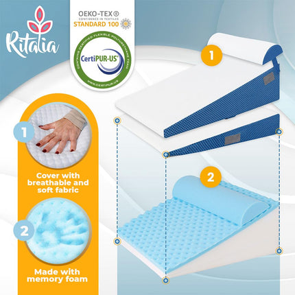 Ritalia® Wedge Pillow 3 Heights 60x60x30 cm | Back Cushion Bed and Vein Pillow | Ergonomic Seat Cushion Bed with Back Support, Ideal as a Wedge Pillow for Sleeping and Raising the Mattress