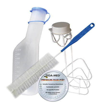 Urinal bottles Urinal bottle complete set: 1x 1L urine bottle + 1x bed holder Urinal bottle holder Urinal bottle holder + 1x cleaning brush 1 piece (=1 set) Tiga-Med