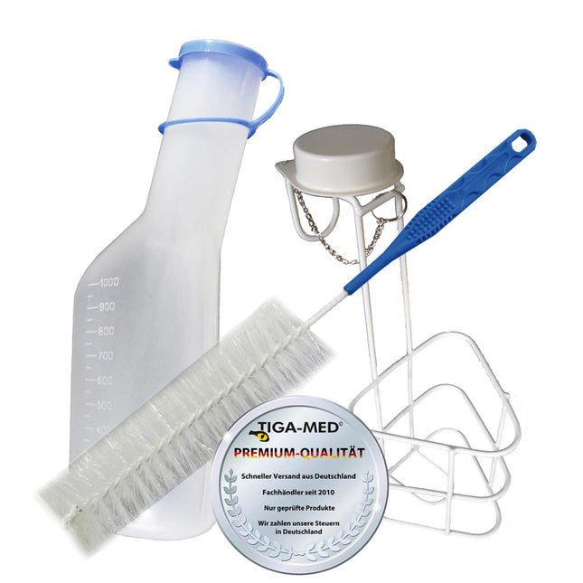 Urinal bottles Urinal bottle complete set: 1x 1L urine bottle + 1x bed holder Urinal bottle holder Urinal bottle holder + 1x cleaning brush 1 piece (=1 set) Tiga-Med