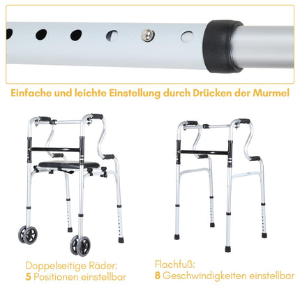 Eulenke walking aid for seniors, folding walking frame with 2 castors, walking aid for adults, height-adjustable walking frame made of aluminum, non-slip, stable walking frame up to 180 kg, silver
