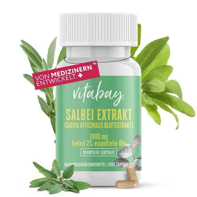 Vitabay Sage Extract 1900 mg - 90 VEGAN Sage Capsules High Dosage - Tablets from leaf extract (Salvia officinalis, 2% essential oils) - Capsules as extract 10:1