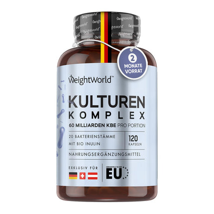 Culture Complex with 60 billion CFU - 20 bacterial strains and organic inulin - 120 vegan capsules - Bacterial cultures with Bifidobacterium, Lactobacillus Gasseri &amp; Reuteri - 2-month supply WeightWorld