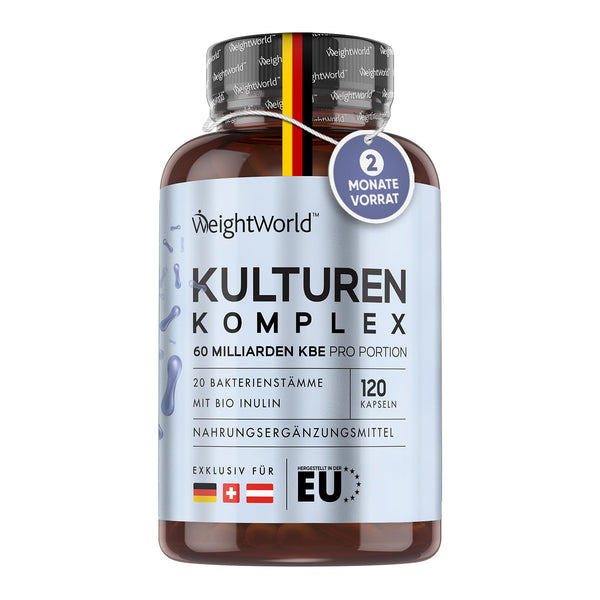 Culture Complex with 60 billion CFU - 20 bacterial strains and organic inulin - 120 vegan capsules - Bacterial cultures with Bifidobacterium, Lactobacillus Gasseri &amp; Reuteri - 2-month supply WeightWorld