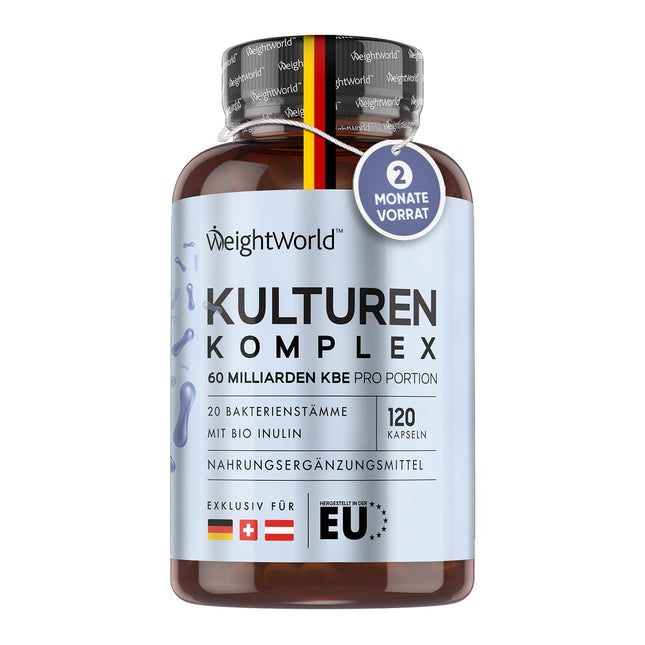 Culture Complex with 60 billion CFU - 20 bacterial strains and organic inulin - 120 vegan capsules - Bacterial cultures with Bifidobacterium, Lactobacillus Gasseri &amp; Reuteri - 2-month supply WeightWorld