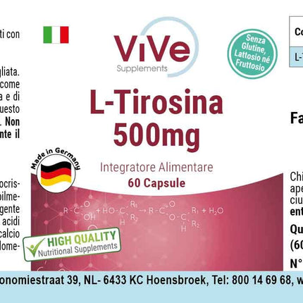 L-Tyrosine 500mg - 60 Capsules - High Dose - Proteinogenic Amino Acid | Quality from Germany by ViVe Supplements
