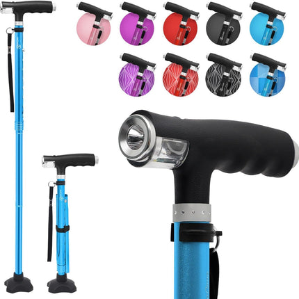 BeneCane Walking Stick with Two LED Lights for Men and Women, Height-Adjustable Walking Stick with Stable Base, Foldable Cane with T-Handle, Lightweight &amp; Stable