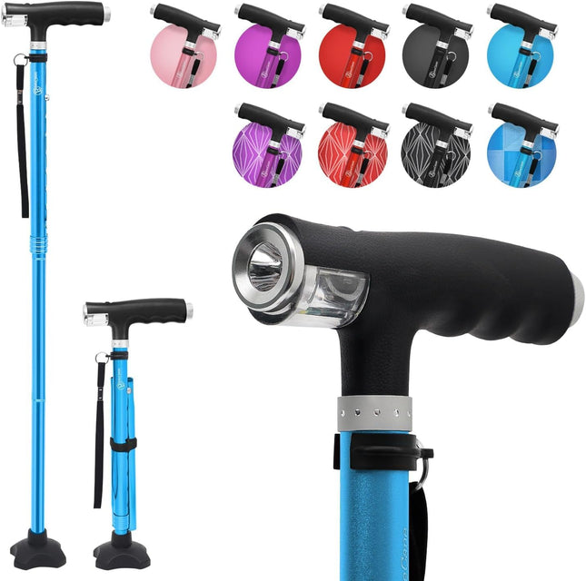 BeneCane Walking Stick with Two LED Lights for Men and Women, Height-Adjustable Walking Stick with Stable Base, Foldable Cane with T-Handle, Lightweight &amp; Stable