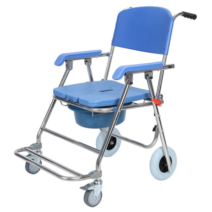 Foldable shower-commode wheelchair, height adjustable with removable bucket and footrests, mobile toilet chair with wheels, suitable for seniors and people with limited mobility Bl