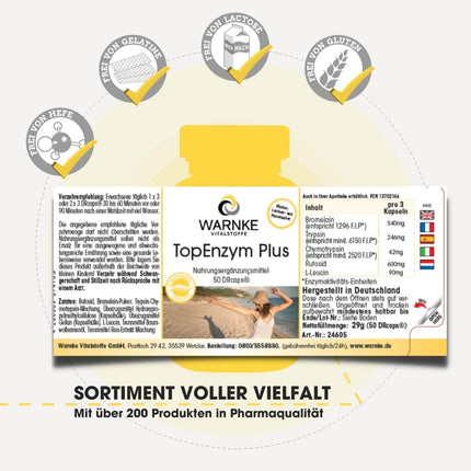 Enzyme Complex - Bromelain, Trypsin, Chymotrypsin, and Rutoside - Topenzym Plus - 50 Capsules | Warnke Vitalstoffe - German Pharmacy Quality