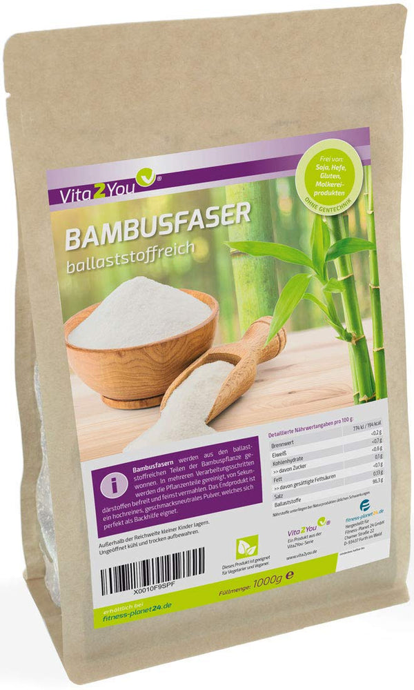 Vita2You Bamboo Fiber 1000g - High in Fiber - Gluten-Free - Bamboo Fiber for Baking - Thickening Sauces, etc. - 1kg in Zip Bag - Premium Quality