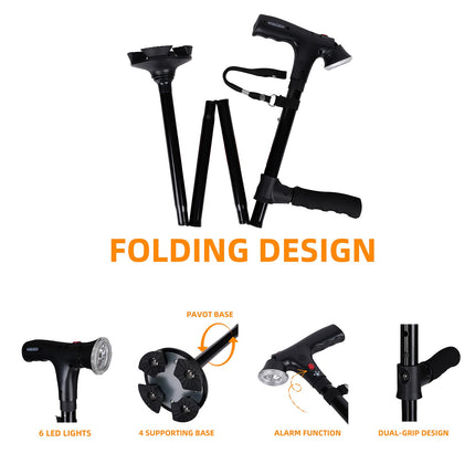 Folding Cane with LED Light and Alarm, Adjustable Armrest Cane and Walking Stick, Rotating Quad Base for Arthritis Disabled and Elderly