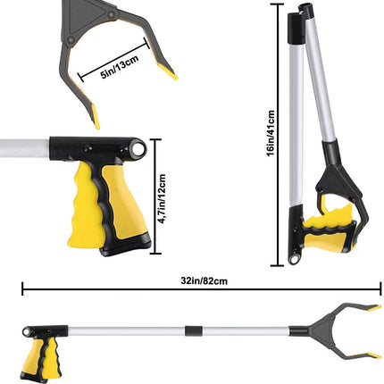 Amrsptte Foldable Grabber for Seniors Tool with Magnetic Tips Aluminum 81cm/32in Long with Adjustable Arm for Garbage Disposal, Waste Collection (Yellow)