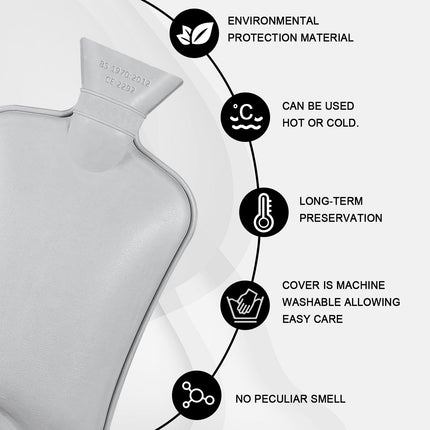 Jsdoin Hot Water Bottle with Cover - 2.0L Leak-Proof Hot Water Bottle, Natural Rubber + Fluffy Hot Water Bottle, Hot Water Bottle for Neck and Shoulder, Back, Legs, and Waist Warming (Gray)