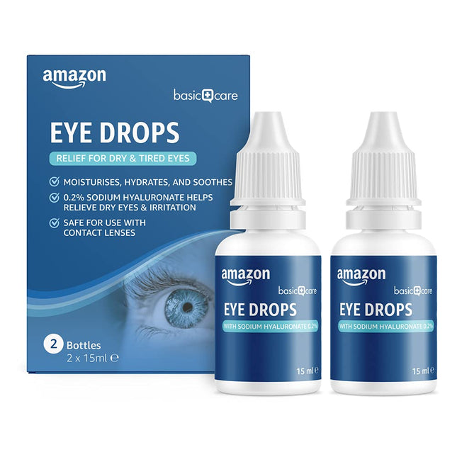 Amazon Basic Care Eye Drops with Sodium Hyaluronate 0.2%, 15 ml (Pack of 2)