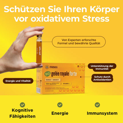 Medex Organic Royal Jelly FORTE, extra strong with 1500 mg royal jelly, liquid in easy-to-open ampoules, with natural vitamin C, from organic farming, 10 x 9 ml