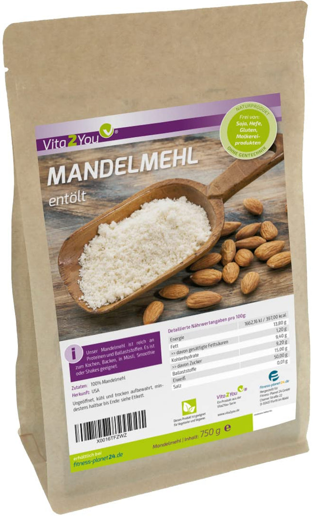 Vita2You Almond Flour 750g - defatted - 50% protein - low carbohydrates - high protein content - fine powder - for baking - premium quality