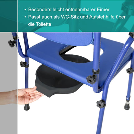 Akriva Commode Chair with Armrests, Height-Adjustable Seat and Backrest for Home Use, Seniors and Care, Blue