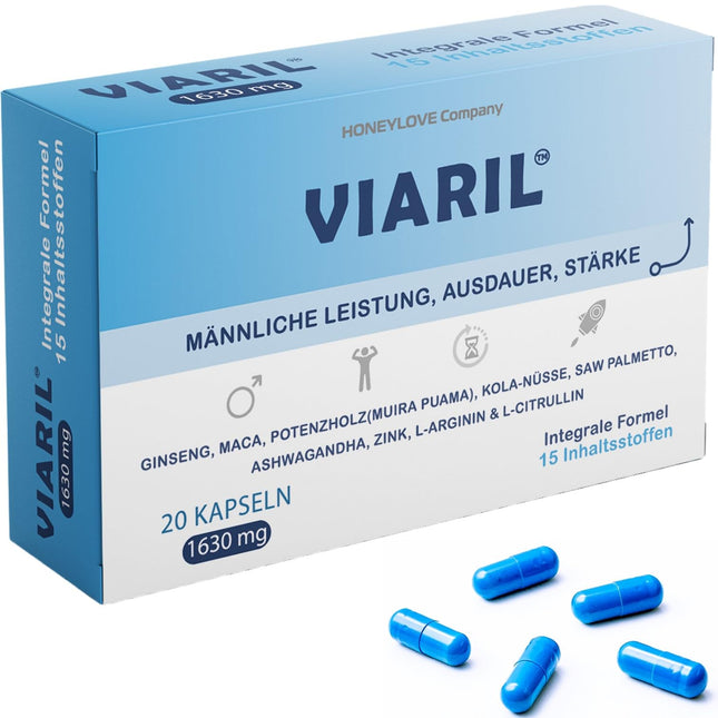 VIARIL - 20 Extra Strength Blue Capsules | For active men with immediate and long-term effects | Highly dosed with 13 active ingredients (1630 mg), including Muira Puama, Ginseng, Maca, and L-Arginine