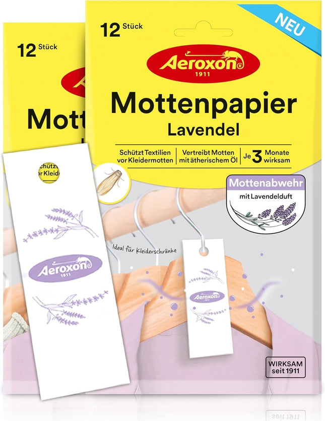 Aeroxon Moth Protection Wardrobe 24 Moth Papers - Effective protection against clothes moths, textile protection for up to 3 months, lavender scent, moth protection paper for clothes, wardrobe &amp; textiles