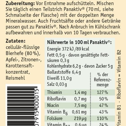 Panaktiv® - liquid brewer's yeast, 500 ml • Vitamin B1, B12, folic acid, biotin, vitamin B2, B6, niacin, zinc • for an active metabolism • for beautiful skin and hair • pure natural product