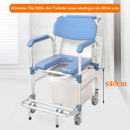 Toilet chair with wheels Shower chair with toilet for seniors Mobile toilet wheelchair with armrests Backrest and toilet bucket up to 150kg Shower chair with wheels for disabled people