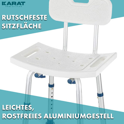 KARAT shower stool with removable backrest, shower chair for seniors, height adjustable 37-50cm, load capacity up to 150kg, non-slip and stable, shower seat, bath chair, bath stool Jonah