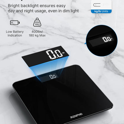 RENPHO Personal Scale, Body Scale with High-Precision Sensors, Digital Personal Scale with Step-On Technology, Safety Glass Weight Scale, Black