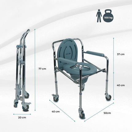 Mobiclinic®, Commode chair with wheels, Muelle, European brand, For the elderly and disabled, Non-slip, Lid, Padded armrests, Chrome steel, Height adjustable, Bucket easy to pull out