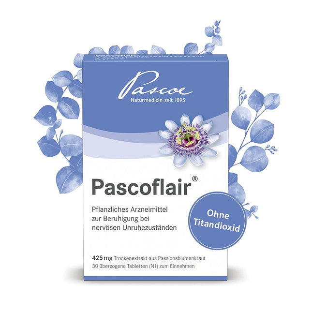 Pascoflair: 90 tablets - herbal sedative - for nervous restlessness, e.g., due to stress - 425 mg concentrated extract per tablet corresponds to 4250-6375 mg passionflower (daily dose)
