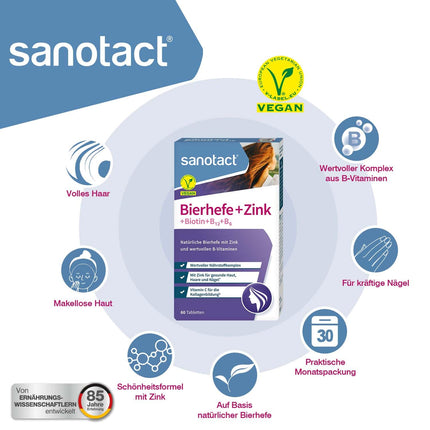 sanotact Brewer's Yeast + Zinc (60 tablets) • For skin, hair &amp; nails • Vitamin complex with brewer's yeast, zinc, biotin, vitamin B12, B6 &amp; vitamin C • Skin &amp; hair vitamins • 100% vegan