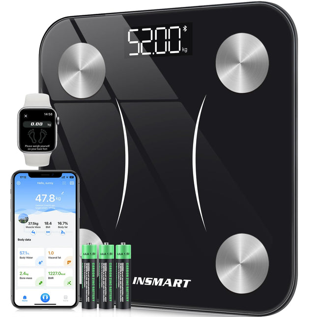 INSMART digital personal scales, personal scales with Bluetooth, body fat scales for BMI, weight, body fat, heart rate, muscle mass, water, protein, skeletal muscle, bone weight, BMR, etc.