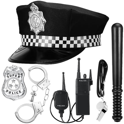 NIEEKRUN 6 Pieces Police Costume Accessories with Police Hat Walkie Talkies Handcuffs Badge Baton Whistle, Police Costume Children Police Costume Set for Cosplay Police Costume Children