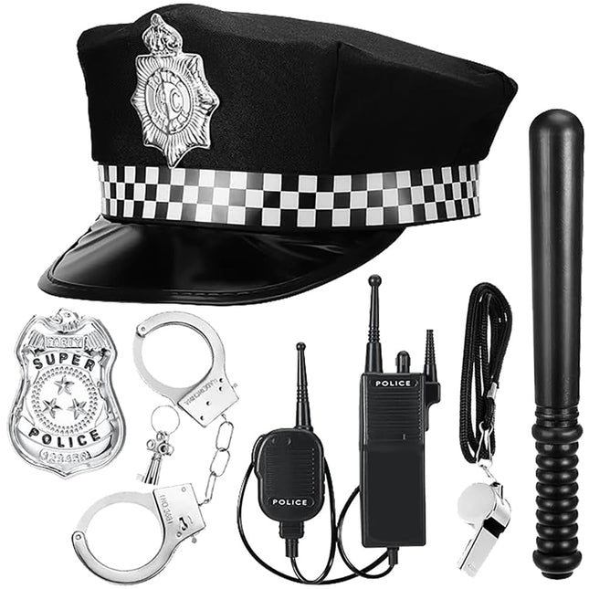 NIEEKRUN 6 Pieces Police Costume Accessories with Police Hat Walkie Talkies Handcuffs Badge Baton Whistle, Police Costume Children Police Costume Set for Cosplay Police Costume Children