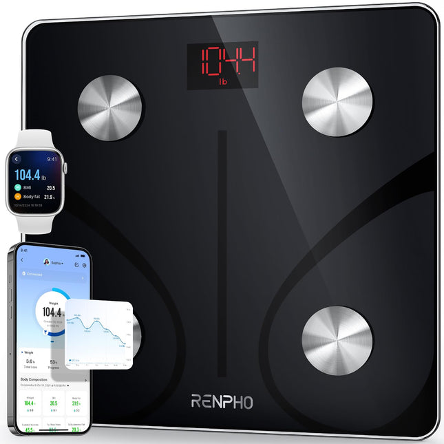 RENPHO Personal Scales, Body Fat Scales with App, 180 kg/400 lbs, Digital Bluetooth Body Analysis Scales for Body Fat, BMI, Muscle Mass, Protein, BMR, Black