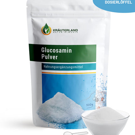 Kräuterland Glucosamine Powder 500g - highly pure and high-dose - 100% pure glucosamine sulfate powder in premium quality