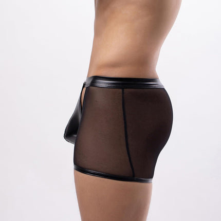 comeondear Leather Boxer Shorts Men's Large Size Sex Sexy Underwear for Men Erotic Transparent Underpants with Bulge Sissy Gay Lingerie Open G-string Briefs Wetlook Lingerie (Black, L)