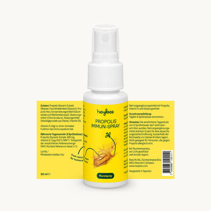 heybee® Propolis Immune Spray with Vitamin D, 30 ml - the mouth spray for children and adults, soothing for the throat and pharynx + strengthens the immune system, ingredients from sustainable beekeeping