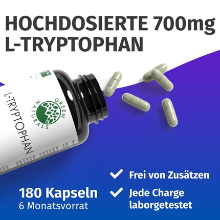L-Tryptophan - High Dose: 700 mg per Capsule - 6-Month Supply (180 Capsules) - Vegan &amp; No Additives - Pharmacy Quality - Green Naturals®